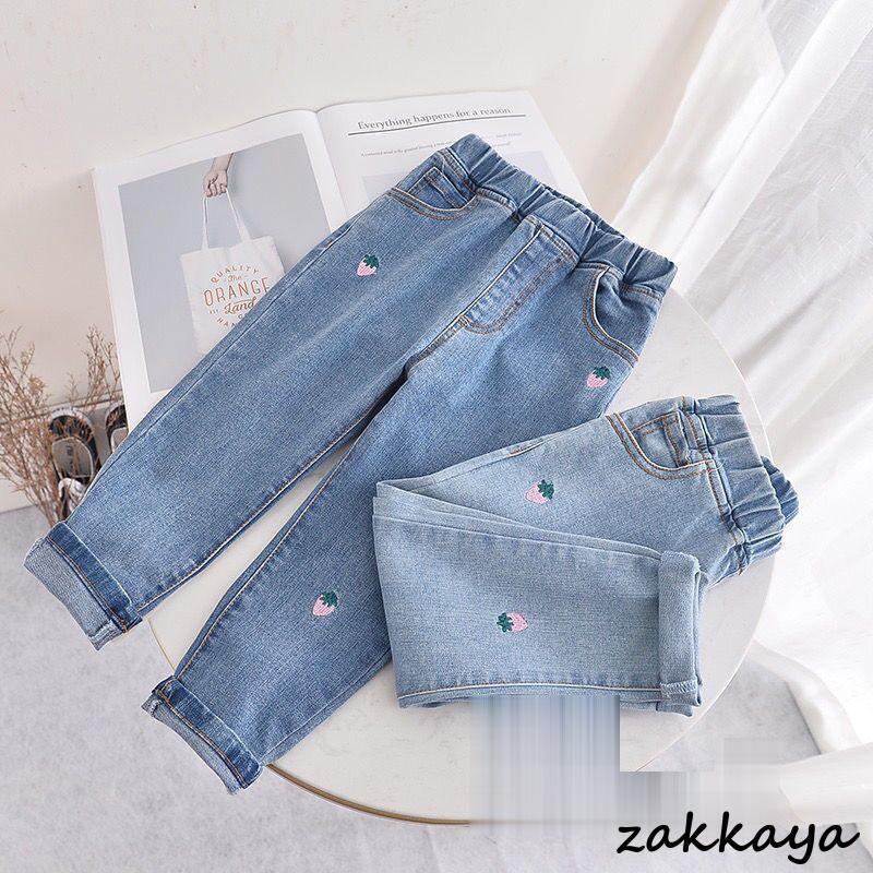 子供服 デニムパンツ 春夏秋 ジーンズズボン ジーパン いちご刺繍 カジュアル ロングパンツ 長ズボン ボトムス デニム 女の子 キッズ ゆったり 可愛い きれいめ