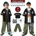 キッズ ダンス衣装 セットアップ グリーン ベースボールシャツ ワンポイント 白tシャツ 柄シャツ かわいい かっこいい カーキ サルエルパンツ カーゴ パンツ キ