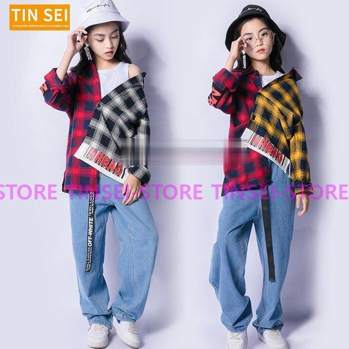 ヒップホップダンス衣装 トップス HIPHOP ダンス 衣装 キッズ デニムパンツ 原宿系 ジャズダンス衣装 ..