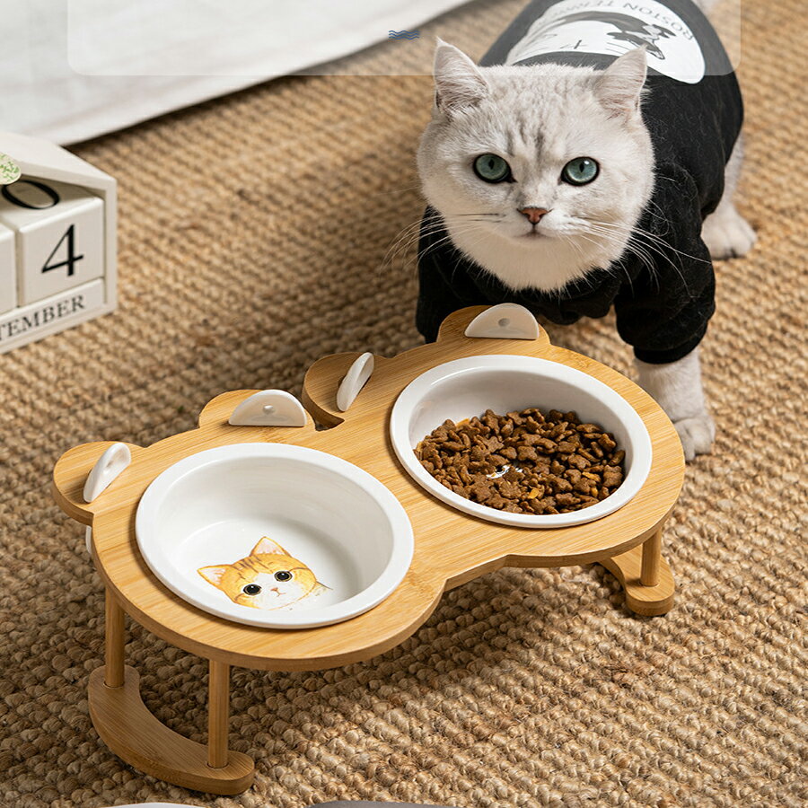 フードボウル 食器 猫用 犬用 フードボウルスタンド 竹製 陶器 台付き 猫食器 キャット ペット用 2連 1..