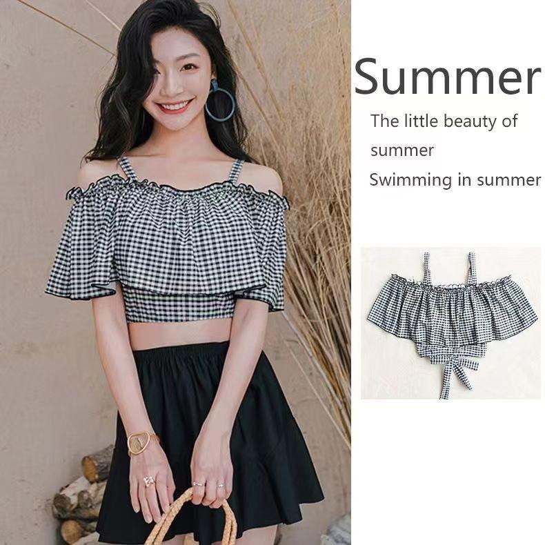 【スーパーSALE期間限定価格！】 水着 レディース バンドゥ ビキニ キャミソール チェック柄スカート 体型カバー 中学生 高校生 女の子 オフショルダー ハイウエスト ママ水着 スーパーセール