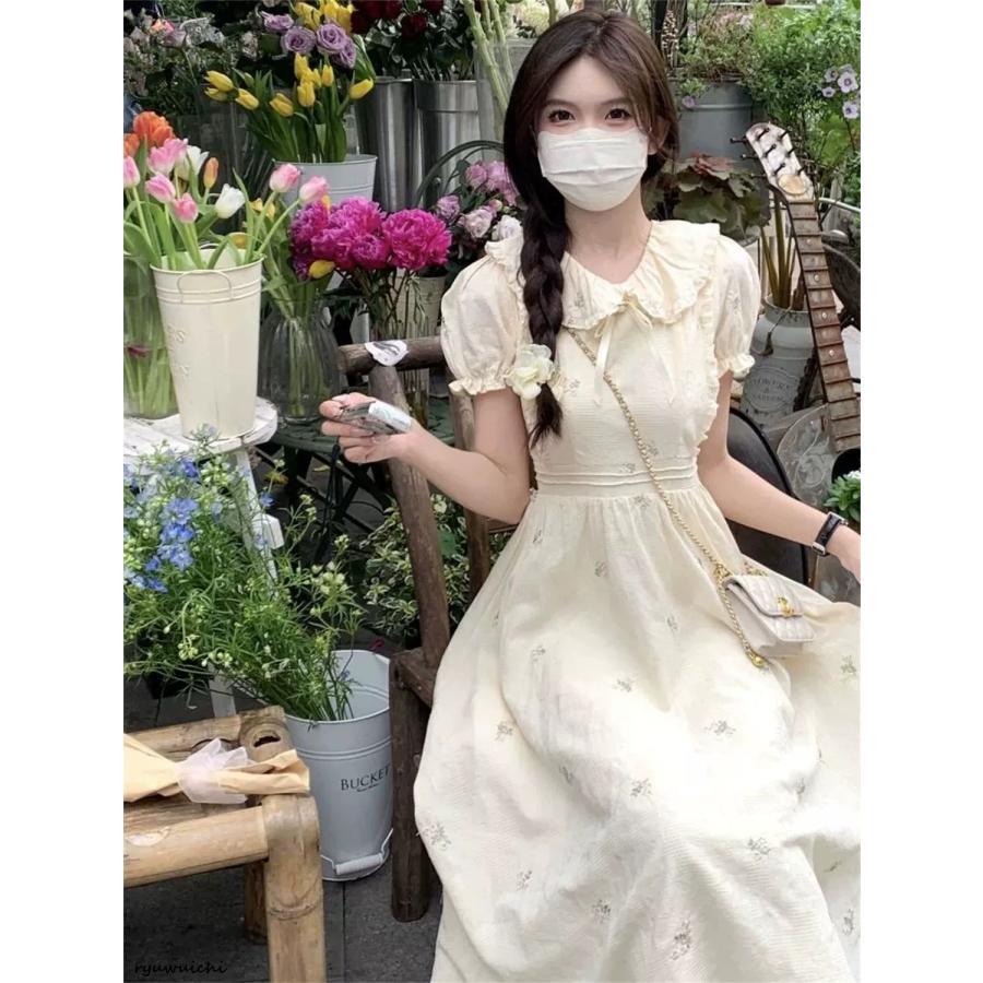 韓国風 フレンチスタイル 高級感 アプリコットカラー 花柄ワンピース 森ガール 甘カワ ドレス ベビード..