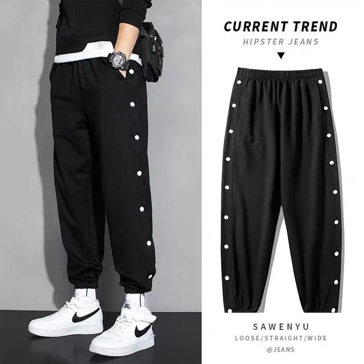 ラインジャージパンツ スウェットパンツ メンズ ジョガーパンツ サイドスリット サイドボタン サイド開き スポーツパンツ バスケットボールパンツ ロングパンツ サルエル ゆったり B系 ストリート系 かっこいい 黒 白 ブラック ホワイト