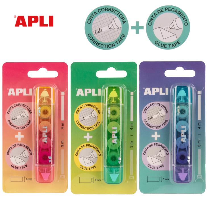 【ミケルリウス 日本公式ショップ】APLI アプリ 2in1 　修正テープ＋テープのりセット 3色 スペイン おしゃれ ギフト ビジネス 入学 海外 輸入 修正も貼り付けもこれ1本！コンパクトな2in1仕様で、持ち運びにも便利♪修正テープ5mm幅×4m・テープのり5mm幅×3m 6