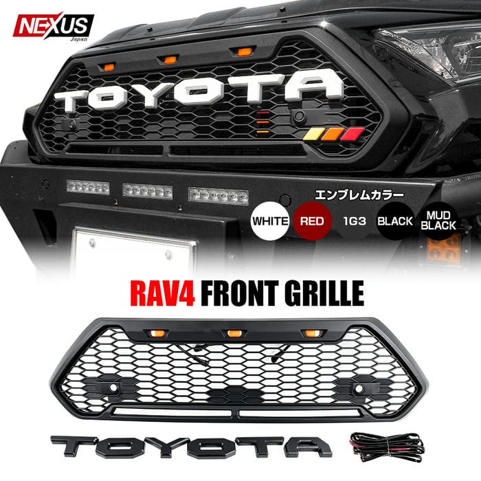 RAV4 50系 パーツ ラプターグリル フロントグリル TOYOTAエンブレム付属 LEDマーカー搭載 フロントグリルカバー カスタム ドレスアップ アクセサリー 外装 フロントマスク フロントフェイス トヨタ ラブフォー アドベンチャー ホワイト レッド 1G3 マッドブラック 宅配 予約