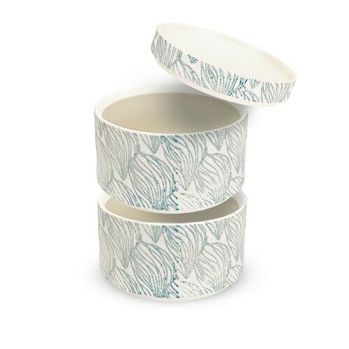 J-kitchens 1人用 万能 重箱 2段 （ お重 お重箱 ） 陶器 食洗機対応 電子レンジ対応 波佐見焼 日本製 280cc x 2 11cm x 12.8cm つぼみ ライトブルー