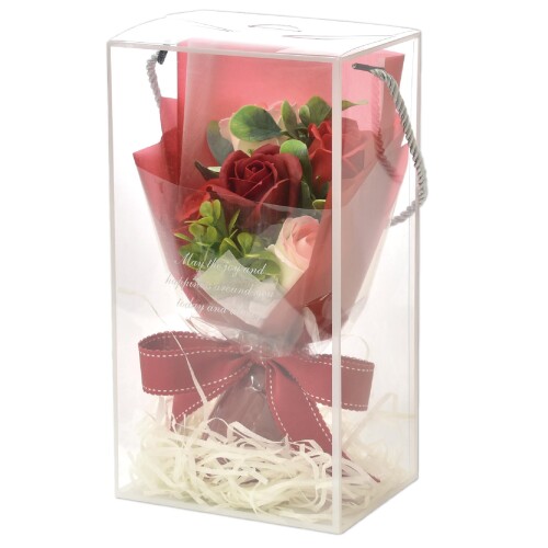 ポピー名古屋 ソープフラワー シャボンフラワー 造花 ギフト プレゼント 5輪ブーケ バラ 花束 約25cm クリアボックス付き SH-048 レッド