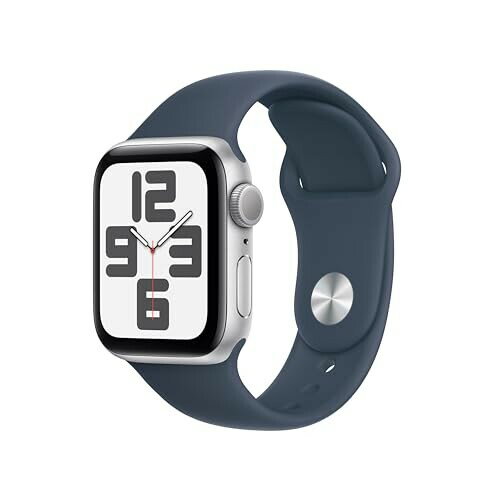 Apple Watch SE (第二世代, 2023) (GPS (40mm)ケース用) 40mmシルバーアルミニウムケースとストームブルースポーツバンド - S/M フィットネストラッカーと睡眠トラッカー 衝突事故検出 心拍数のモ