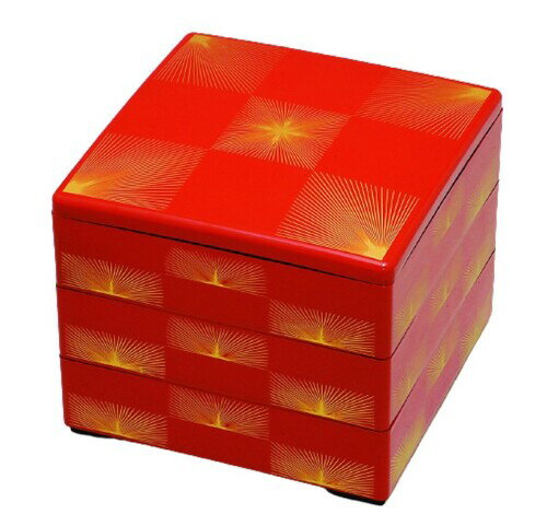 J-kitchens 行楽弁当箱 （ 弁当箱 ） 日本製 3段 6.5寸 彩 重朱松葉市松 19.5cm x 19.5cm x 16.5cm