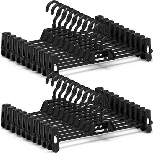 HOSUR ズボンハンガー スカートハンガー パンツハンガー クリップハンガー 20本組 すべらない 360度回転フック 洗濯 シワ防止 連結フック付 サイズ調整可 ブラック