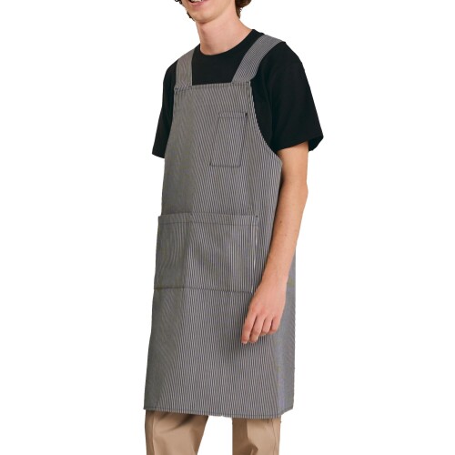 Gingham Aprons - アルべ エプロン H型 ストライプ 簡単着用 ヒッコリー カジュアル ポケット付 ウエスト調節可 飲食 制服 レストラン ARBE T8543 C-10 ブラック Lサイズ