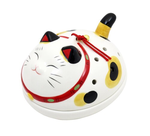 薬師窯 蚊遣器 平型(蚊取り線香ホルダー)幸せこいこい猫