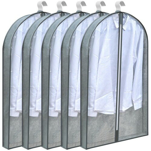 VECELO 衣類カバー 防塵カバー スーツカバー ハンガー 5枚組 マチ付き 湿気取り 防汚 吊り下げたまま使えるゆったりシワになりにくいマチ付き洋服カバー 通気性の良い不織布 透明窓 セン