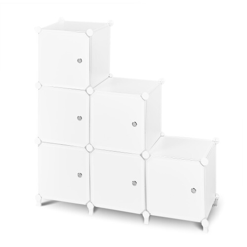 VECELO 収納ラック 扉付き 6ボックス ホワイト 幅96×奥行32×高さ99cm 4.35kg|洋服・タオル・おもちゃも省スペースで整理 リビング・寝室に馴染むナチュラルホワイト
