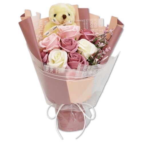 ポピー名古屋 ソープフラワー シャボンフラワー 造花 ギフト プレゼント ぬいぐるみ入りブーケ バラ 花束 約30cm クリアバッグ付き SBL-173 ピンク