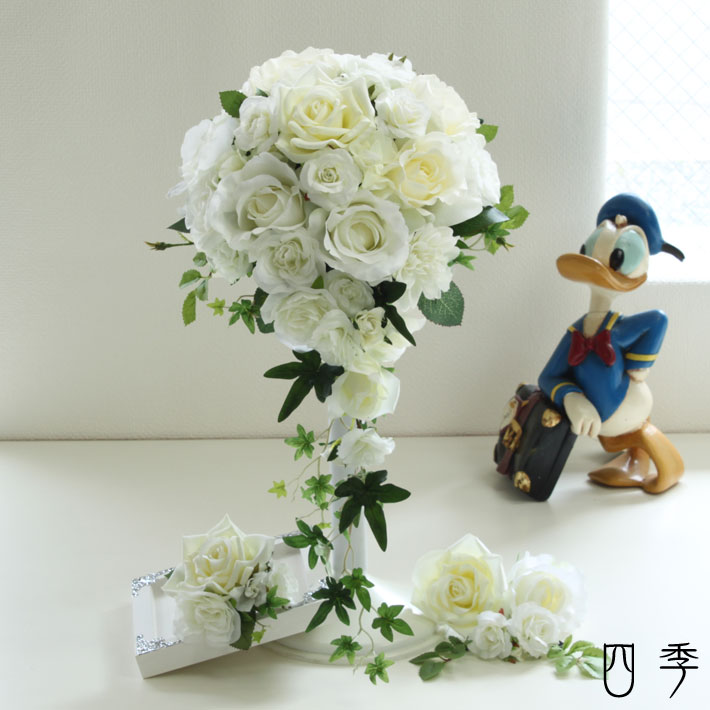 ブーケ 造花 キャスケード 薔薇 ジュリエット ブトニア付き ウェディングブーケ 結婚式 海外挙式 前撮り【送料無料】…