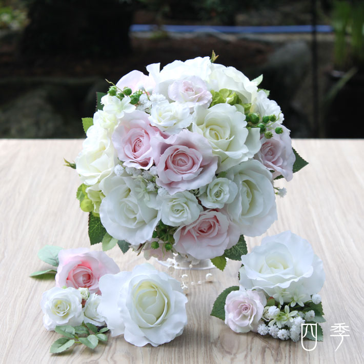 ウェディングブーケ ホワイト&ピンク 愛らしいローズ バラ ヘッドドレス付き ウェディング 結婚式 海外挙式 前撮り【送料無料】B_0177