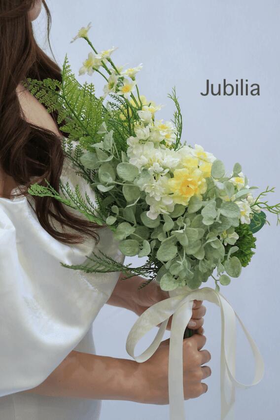 Mrs.四季のOlivia（オリビア）〜森の妖精〜ウエディング 結婚式 前撮り ブーケ ブライダル フォトウエディング 造花 花嫁 おしゃれ きれいめ 上品 ナチュラル グリーン イエロー 黄色 ローズ_05｜アングル2