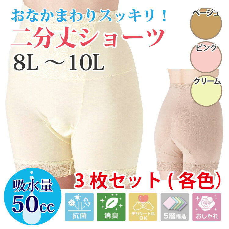 【全品P2倍！&お得クーポンあり☆39ショップ買いまわり 8/23 1:59まで】 失禁パンツ 女性用 尿漏れパンツ パワーネット ソフトガードル おしゃれ 失禁ショーツ レディース 大きいサイズ ショーツ ショーツ 深め 【お腹すっきり二分丈ショーツ】 (3色組)