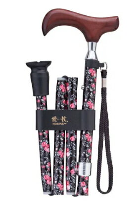 【折りたたみ杖】愛杖 花柄ブラック 持ち運びや収納に便利な折り畳み式ステッキ　4つ折り 5段階調節　..
