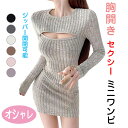 胸開き 胸あき セクシー リブ ニット ミニ ワンピース タイト ジッパー ジップ 長袖 チャック ミニワンピ ミニ丈 タイトワンピース ロング スリーブ ワン...