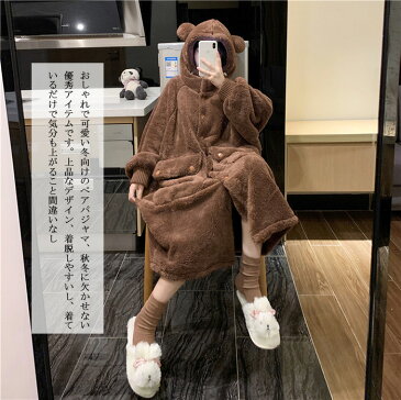 くま みみ パジャマ 長袖 ワンピース レディース ルームウェア 動物パジャマ 耳付き もこもこ ふわふわ 部屋着 寝間着 大きいサイズ 秋冬