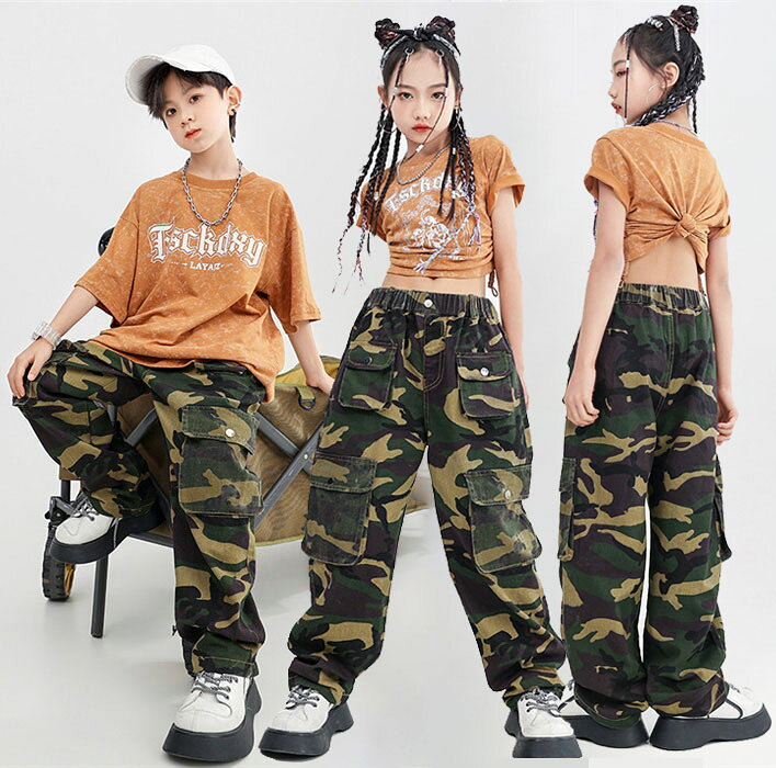 乐天商城 - キッズダンス衣装 tシャツ 迷彩 ダンス衣装 トップス 黒 ダンス 衣装 ヒップホップ キッズ カーゴパンツ 女の子 男の子 かっこいい 韓国 子供服 k-pop hiphop キッズダンス Tシャツ へそ出し トップス キッズ ダンス 迷彩 パンツ 130 140 150 160