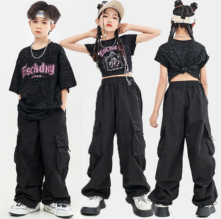 乐天商城 - キッズダンス衣装 tシャツ ダンス衣装 トップス 黒 カーゴパンツ キッズ ダンス 衣装 ガールズ 子供服 ヒップホップ カーゴパンツ 女の子 k-pop hiphop キッズダンス Tシャツ へそ出し トップス キッズ ダンス 黒 ベスト カーゴパンツ 130 140 150 160