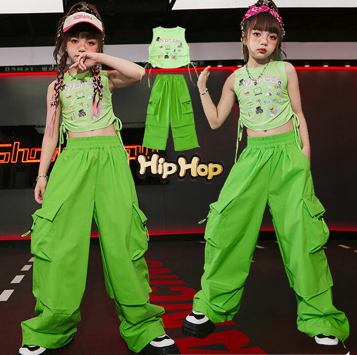 乐天商城 - キッズダンス衣装 セットアップ 緑 ダンス 衣装 ヒップホップ 韓国 キッズ カーゴパンツ 女の子 子供 ダンス衣装 トップス カーゴ パンツ hiphop k-pop キッズダンス タンクトップ ショート丈 ダンス トップス へそ出し キッズ ダンスパンツ 160