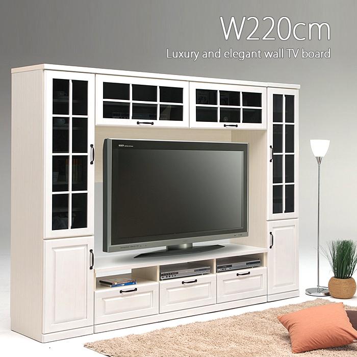 テレビボード テレビ台 ハイタイプ 壁面テレビボード TVボード 220cm幅 大型 大川家具 ホワイト 白 高級 エレガント おしゃれ 姫系 モダン 送料無料
