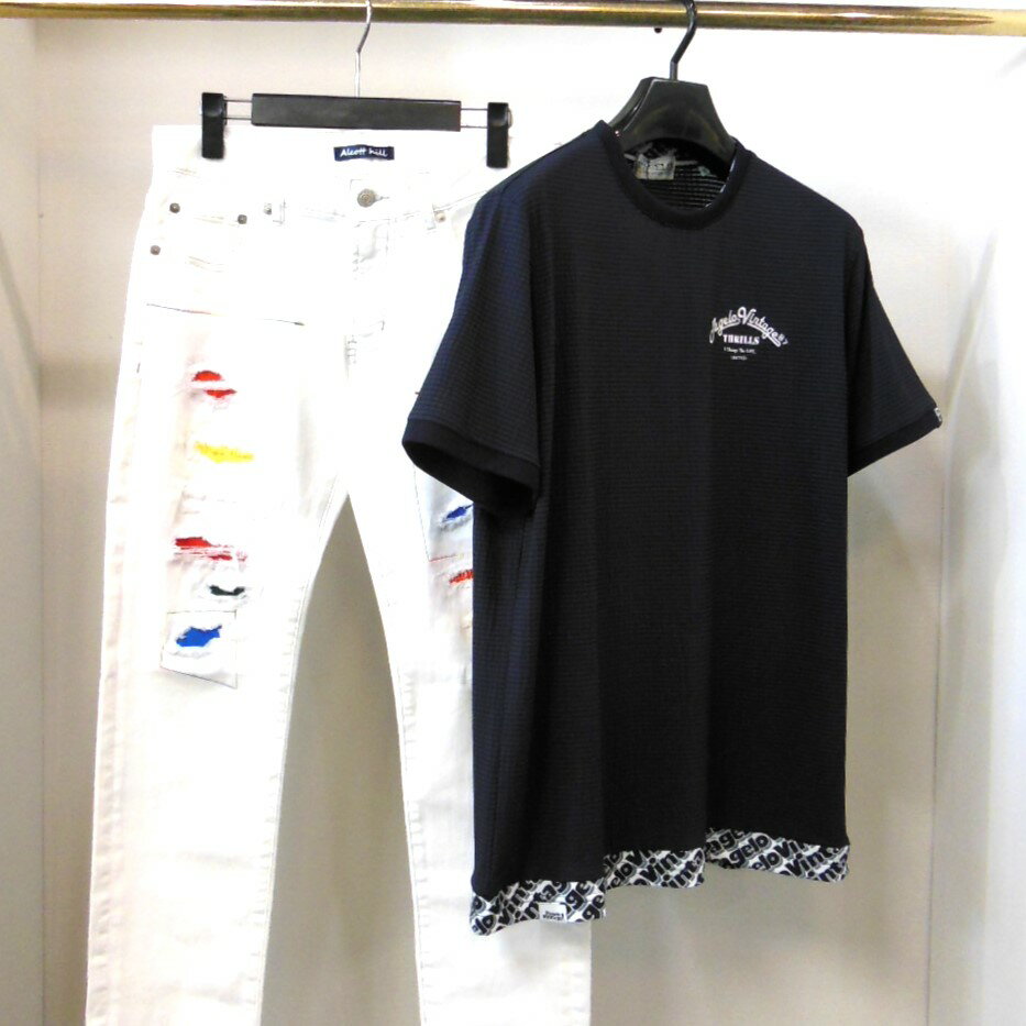 50%OFF【春夏 お買い得 OUTLET SALE】PAGELO（パジェロ）裾モノグラム×シャドーボーダー デザイン 半袖 丸首 ストレッチ Tシャツ ネイビー系色 【M】【L】 アンジェロ パジェロ服 アウトレット セール ブランド ゴルフ 服 トップス