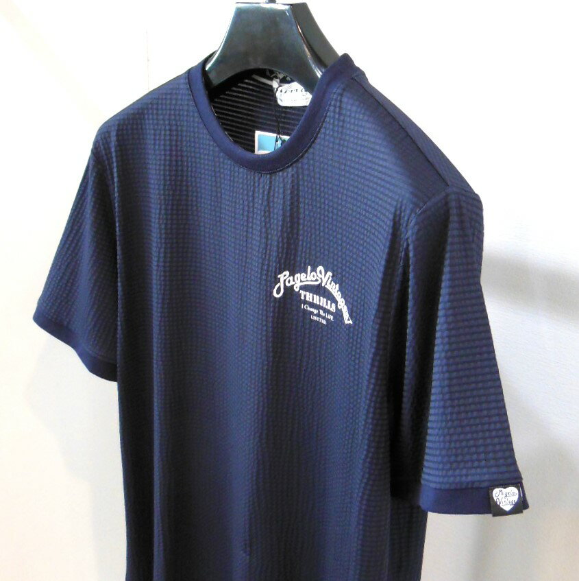 50%OFF【春夏 お買い得 OUTLET SALE】PAGELO（パジェロ）裾モノグラム×シャドーボーダー デザイン 半袖 丸首 ストレッチ Tシャツ ネイビー系色 【M】【L】 アンジェロ パジェロ服 アウトレット セール ブランド ゴルフ 服 トップス