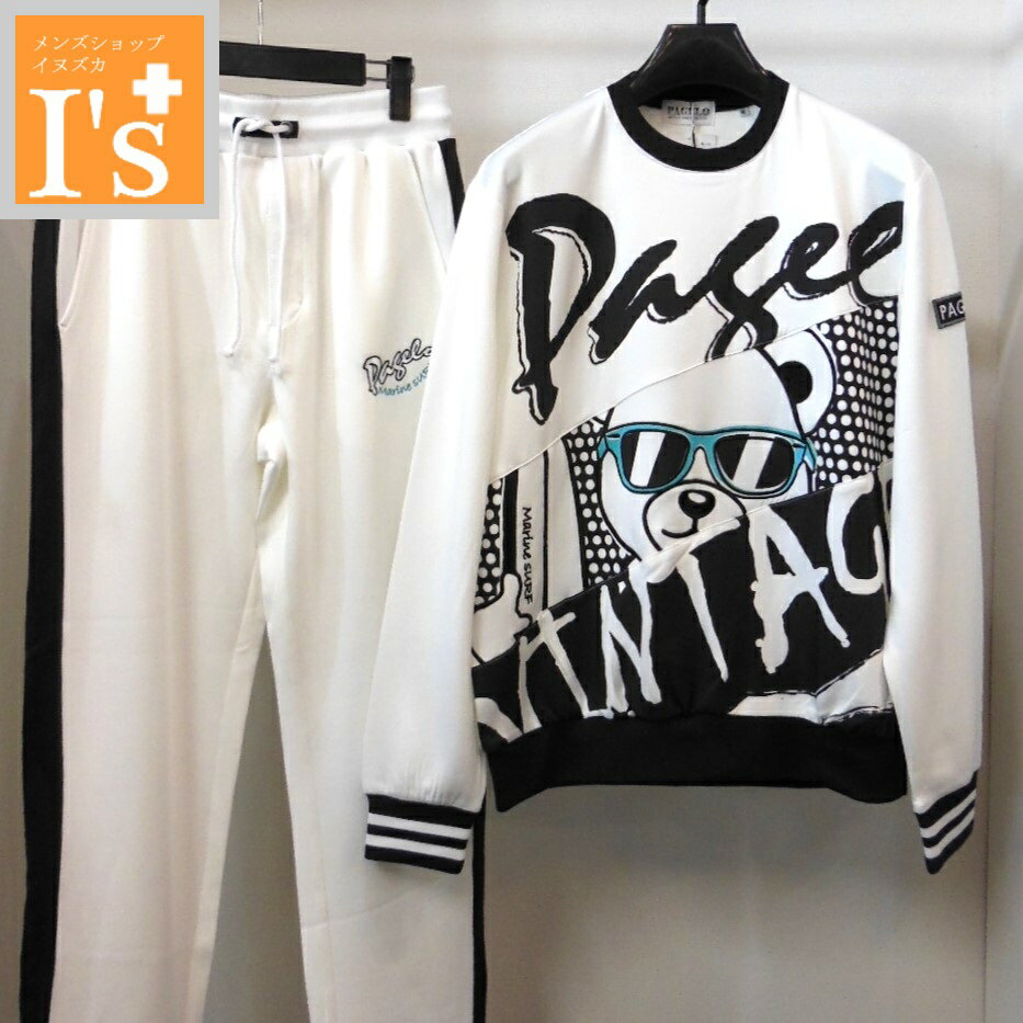 50%OFF【春夏 お買い得 OUTLET SALE】PAGELO(パジェロ) ロゴ×クマ（くま）モチーフ 切替し デザイン ストレッチ トレーナー & イージーパンツ 上下セット ホワイトベース【M】 アンジェロ パジェロ服 アウトレット セール ブランド ゴルフ 服