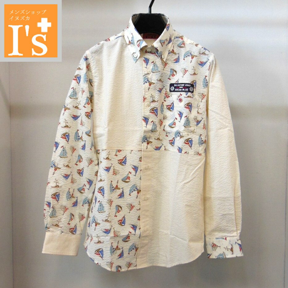 Chambray Shirts - 50%OFF【春夏 お買い得 OUTLET SALE】VINCI（ヴィンチ）アシンメトリー×袖・フロント マリン デザイン 長袖 ボタンダウン 綿100％ サッカー生地 シャツ 淡いクリーム系 【46(M)】 アンジェロ ヴィンチ服 アウトレット セール ブランド ゴルフ 服