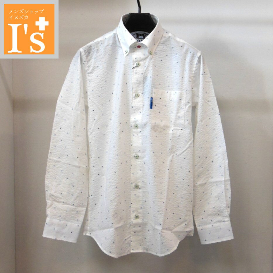 50%OFF【春夏 お買い得 OUTLETSALE】PAGELO（パジェロ）小紋柄×サッカー生地 デザイン 長袖 ボタンダウン 綿100％ シャツ ホワイトベース 【M】【LL】 アンジェロ パジェロ服 アウトレット セール ブランド ゴルフ 服
