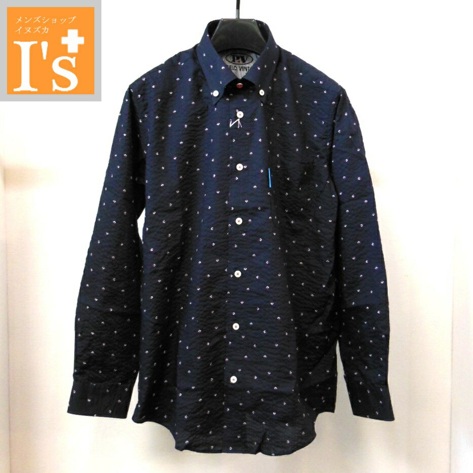 50%OFF【春夏 お買い得 OUTLETSALE】PAGELO（パジェロ）小紋柄×サッカー生地 デザイン 長袖 ボタンダウン 綿100％ シャツ ネイビーベース 【L】 アンジェロ パジェロ服 アウトレット セール ブランド ゴルフ 服