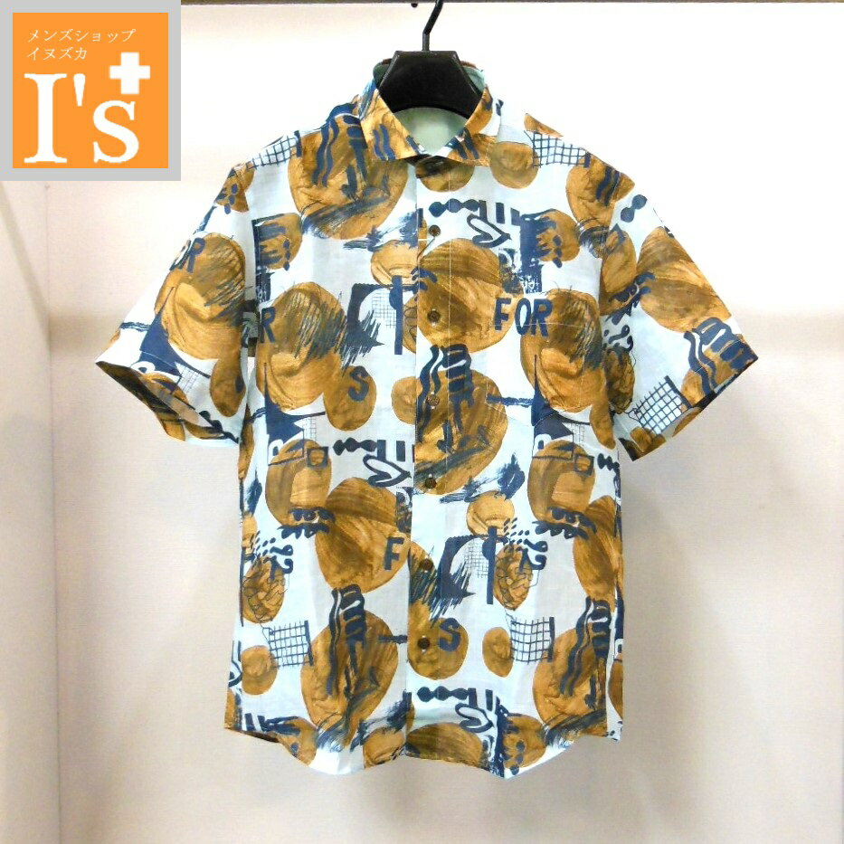 Chambray Shirts - 【2026 新作 春夏】ANGELO active（アンジェロ アクティブ）アートロゴ風×水彩画調 デザイン 半袖 スマート衿 麻100％ シャツ くすみブルーベース（淡い） 【48(L)】【50(LL)】 アンジェロ アクティブ 服 ブランド ゴルフ 服 日本製