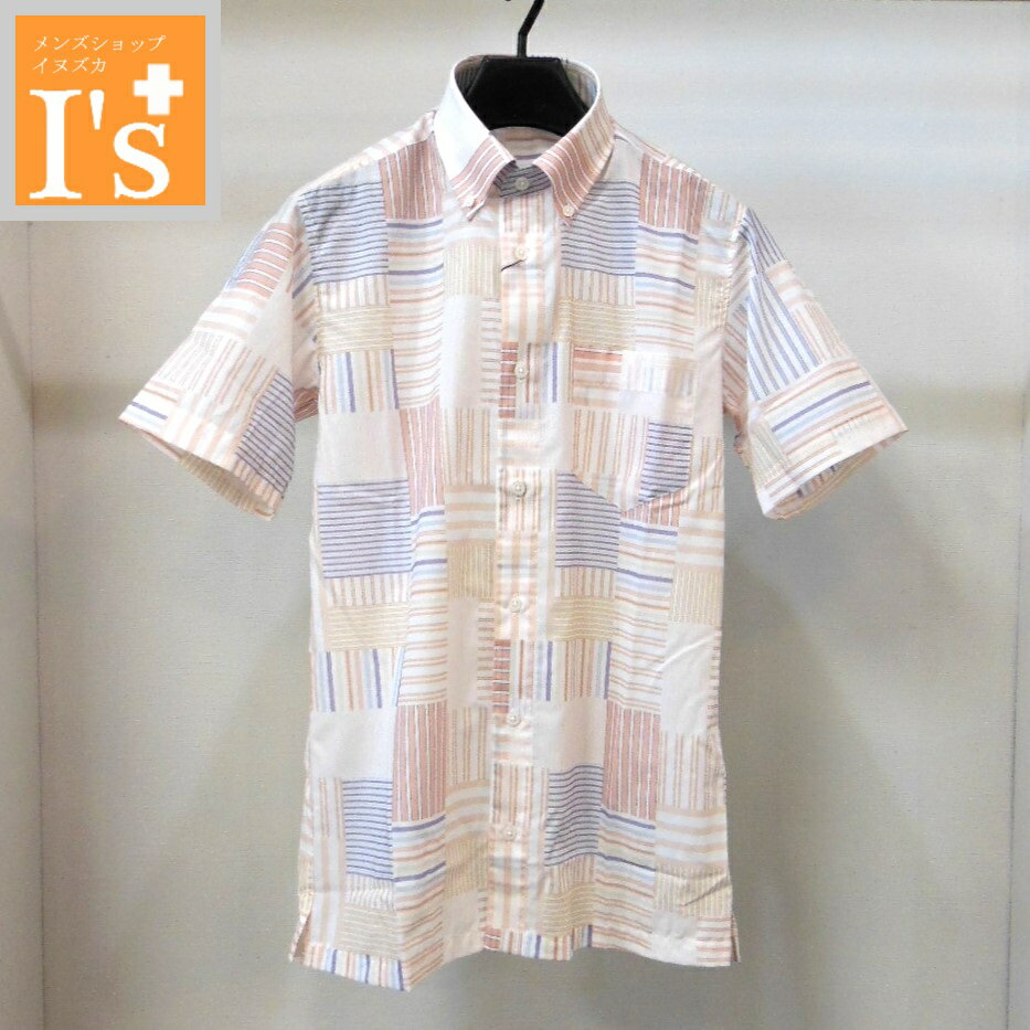 Chambray Shirts - 【2026 新作 春夏】ANGELO（アンジェロ）パッチワーク風×配色 デザイン 半袖 ボタンダウン イタリア製生地 綿100％ シャツ ホワイト×ピンク 【46(M)】【48(L)】【50(LL)】 アンジェロ服 ブランド ゴルフ 服 日本製