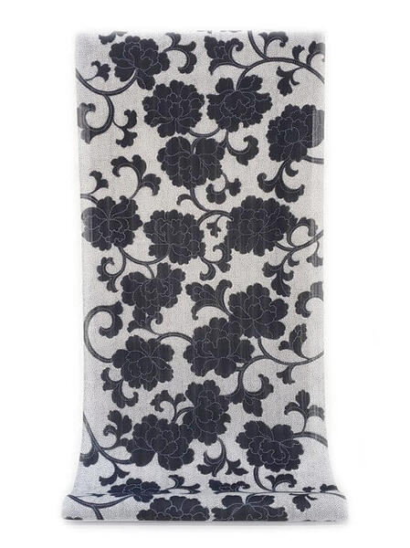 :::: 伝 統 の 捺 染 ゆ か た ::::ほんのり透け感 縞模様の変わり織り　　　白地に細工のような点描が魅力の濃紺牡丹唐草柄（反物・広巾）◇ お仕立て（国内手縫い）￥11,000（税別）で承ります。