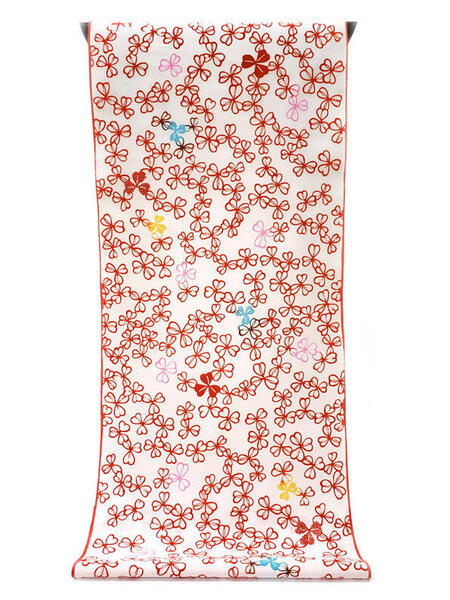 :::: 伝 統 の 注 染 ゆ か た ::::清涼感あふれる純白の木綿に　　　真っ赤に染まる三つ葉クローバー尽くし柄（反物）◇ お仕立て（国内手縫い）￥11,000（税別）で承ります。