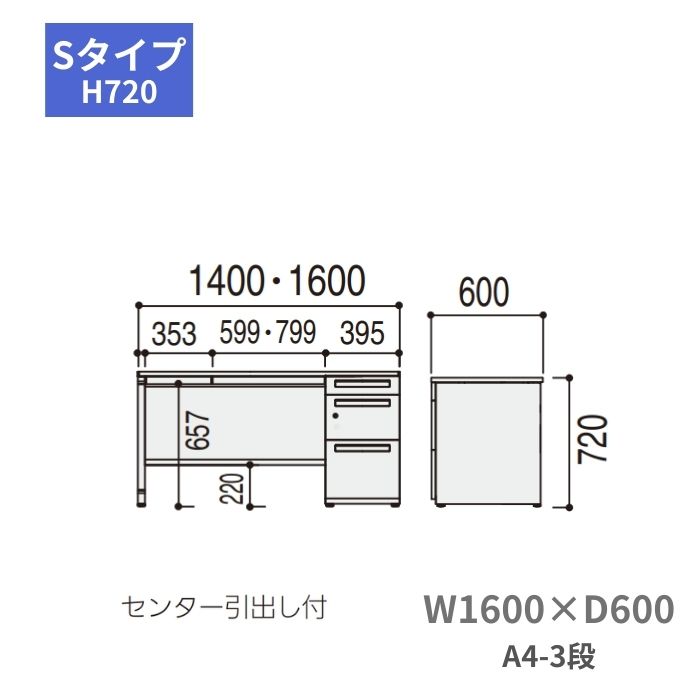 内田洋行 ウチダ UCHIDA スカエナ SCAENA Sタイプ 片袖デスク 片袖机 A4-3段 W1600×D600×H720mm 5-110-234 [2]