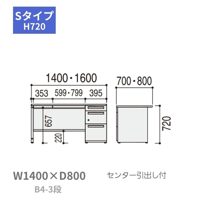 内田洋行 ウチダ UCHIDA スカエナ SCAENA Sタイプ 片袖デスク 片袖机 B4-3段 W1400×D800×H720mm 5-110-600 [2]