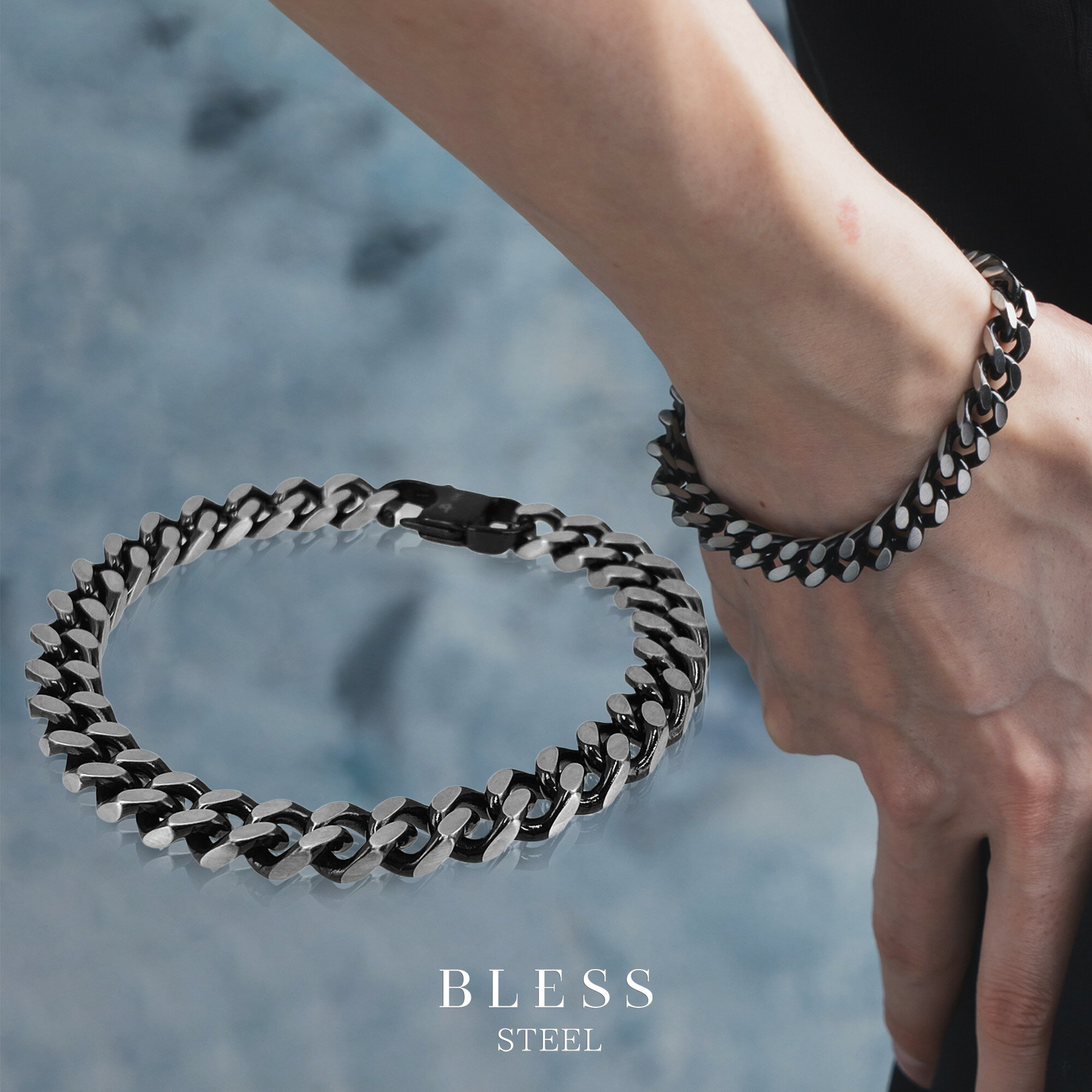 ブラックチェーンブレスレット(L)【ステンレス ブレスレット メンズ BLESS ブレス ブラックカラー】