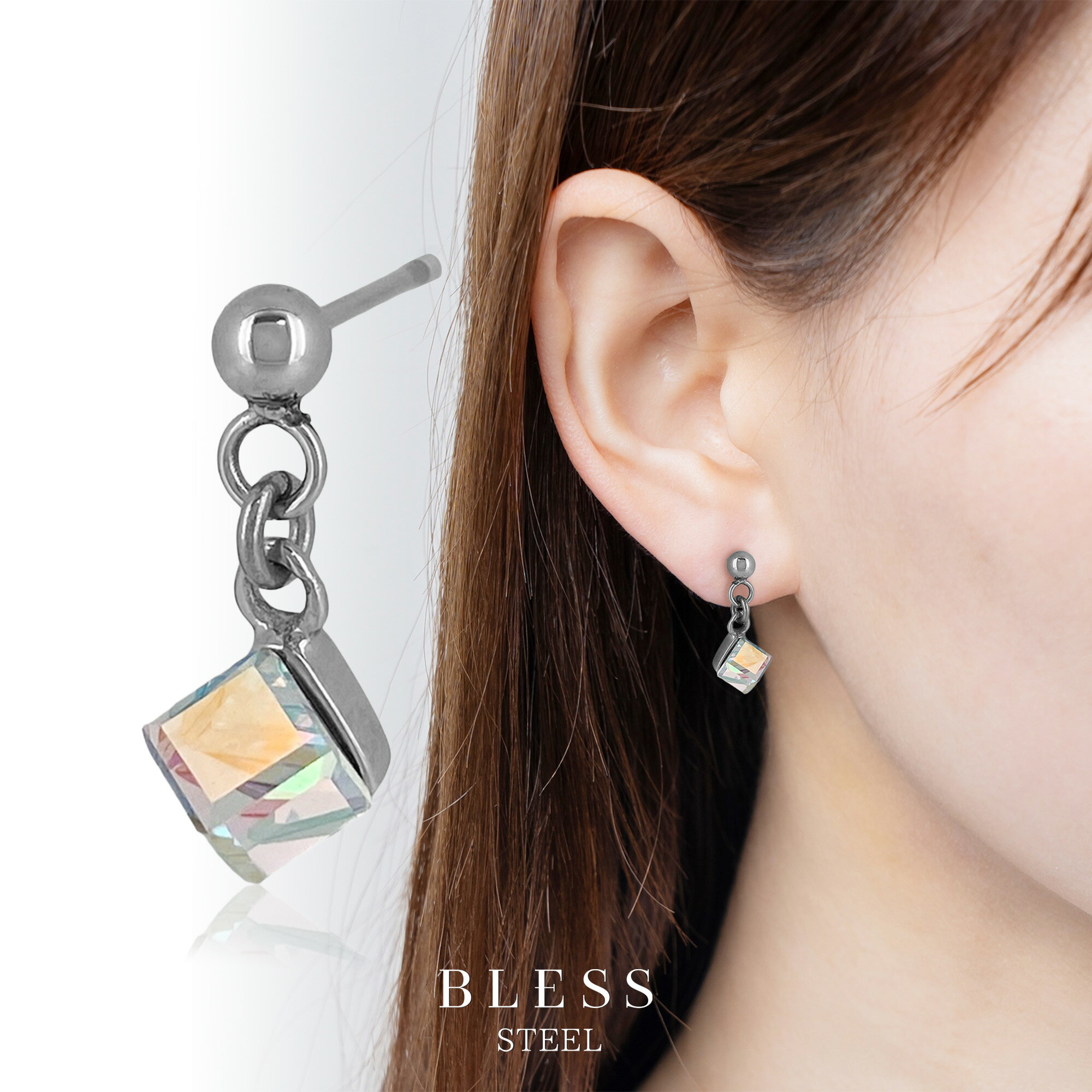 スワロフスキーキューブピアス(片耳用)【ステンレス ピアス メンズ レディース BLESS ブレス】