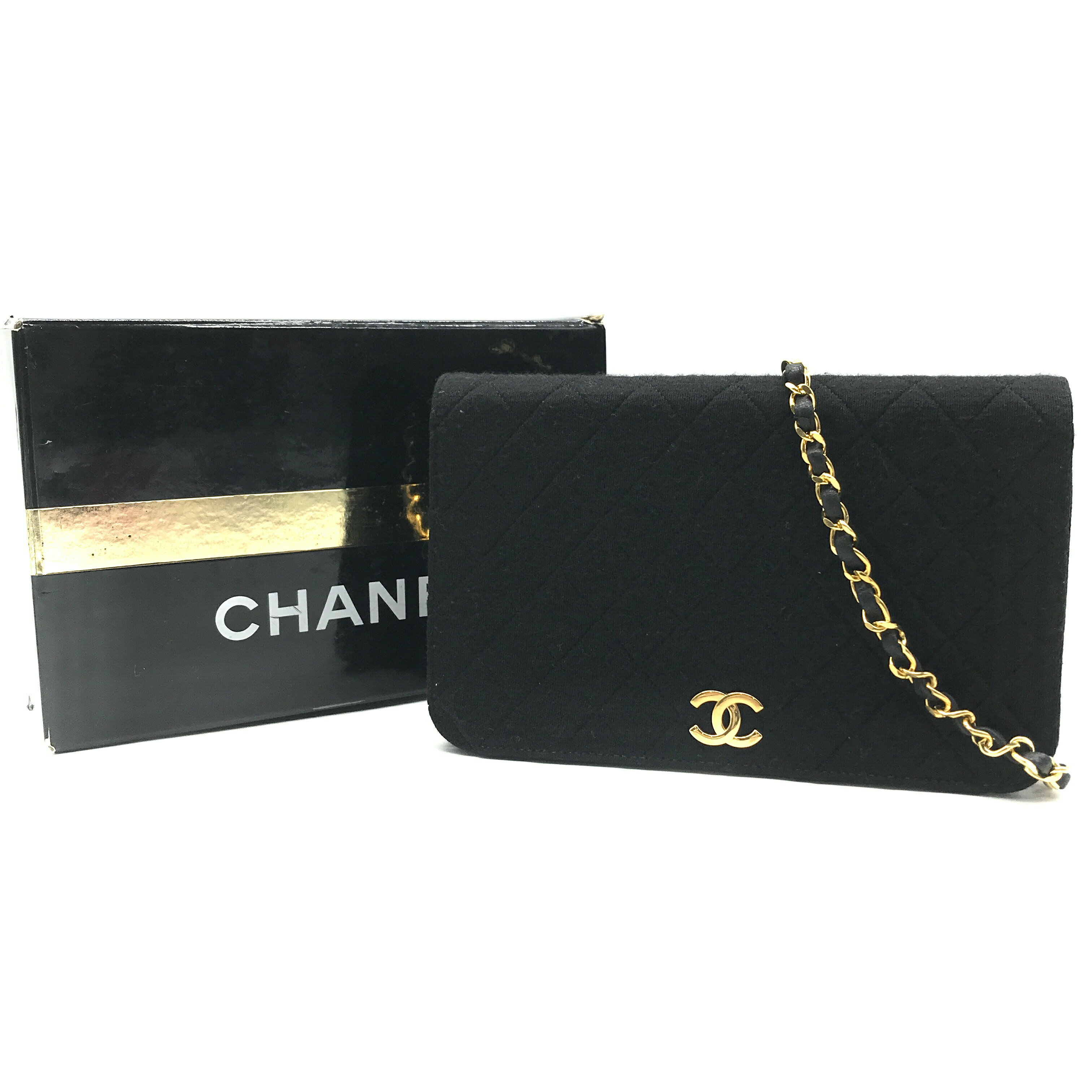 【中古】良品 CHANEL シャネル ココマーク マトラッセ コットンジャージ フルフラップ プッシュロック チェーン ショルダー バッグ ブラック a2691