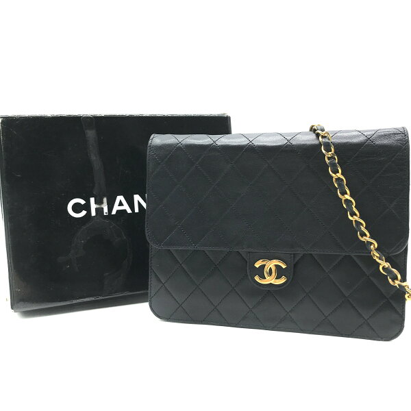 【中古】良品 CHANEL シャネル ココマーク マトラッセ ラムスキン プッシュロック チェーン ショルダーバッグ ブラック a2695