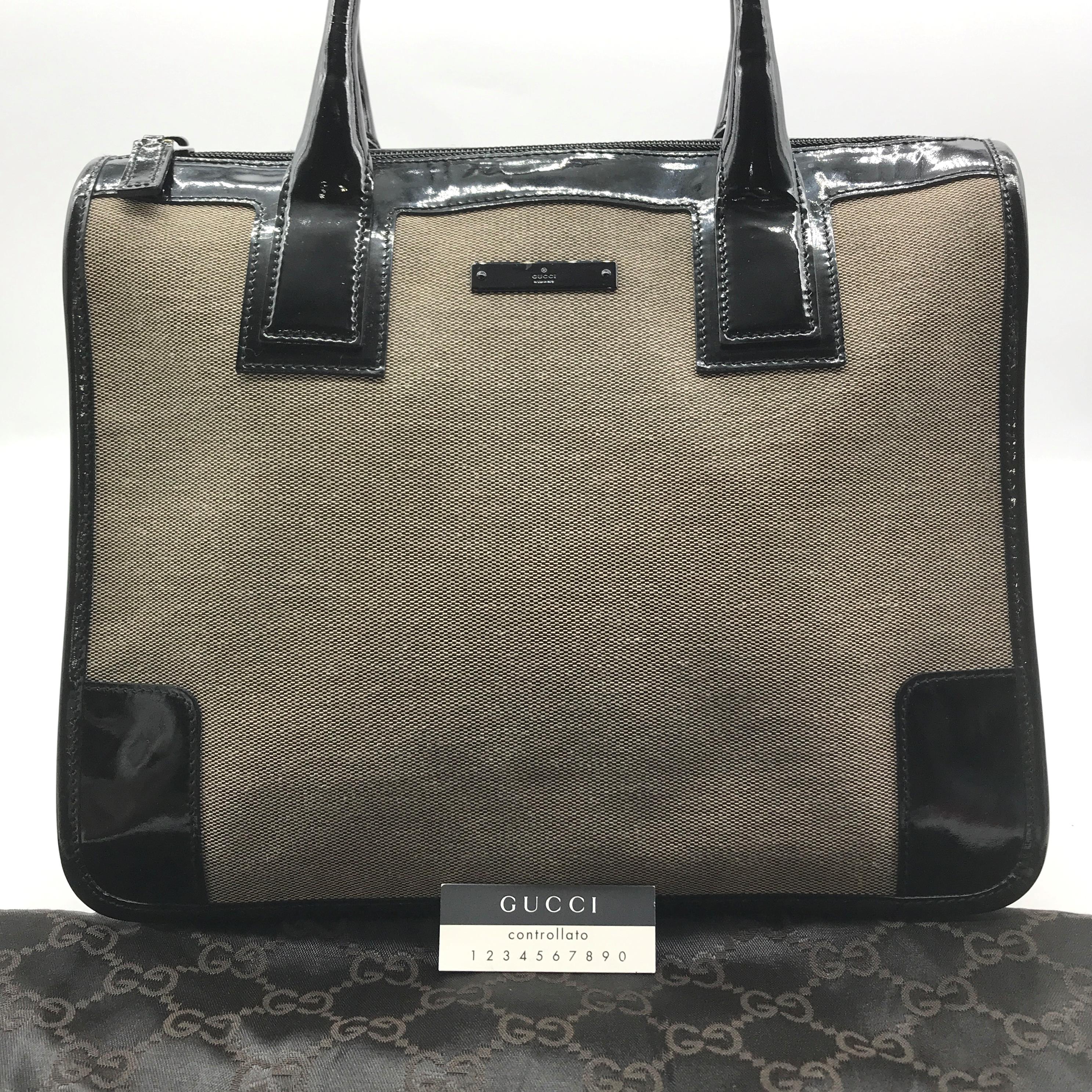 【中古】良品 GUCCI グッチ キャンバス エナメル ハンド バッグ グレー系 k1385