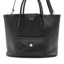 【中古】美品 PRADA プラダ ロゴ金具 サフィアーノ レザー 2WAY トート ショルダー バッグ ブラック a3051