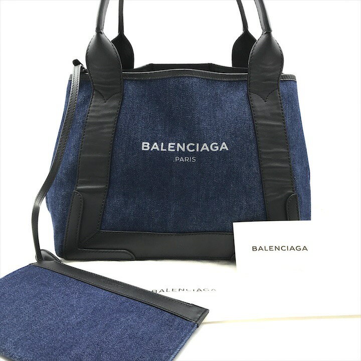 【中古】良品 BALENCIAGA バレンシアガ ネイビー カバス S デニム レザー ハンド トート バッグ ポーチ付 a3226