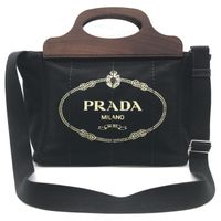 【中古】美品 PRADA プラダ ウッド カナパ 2WAY キャンバス ハンド ショルダー バッグ ブラック a2681